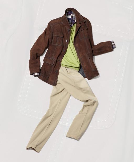 Gimo's Italian goat suede car coat, $1395. Borgo 28 plaid sport shirt with contrast stitching, $140. Robert Talbott lime rolled v-neck cotton sweater, $175. J.W. Brine New Michael tan moleskin pants, $265. 